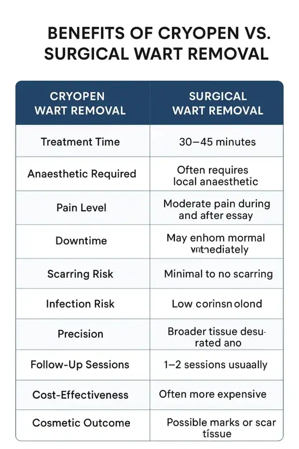 Table showing the benefits of cryopen to remove warts Stratford-upon-Avon compared to surgical treatment